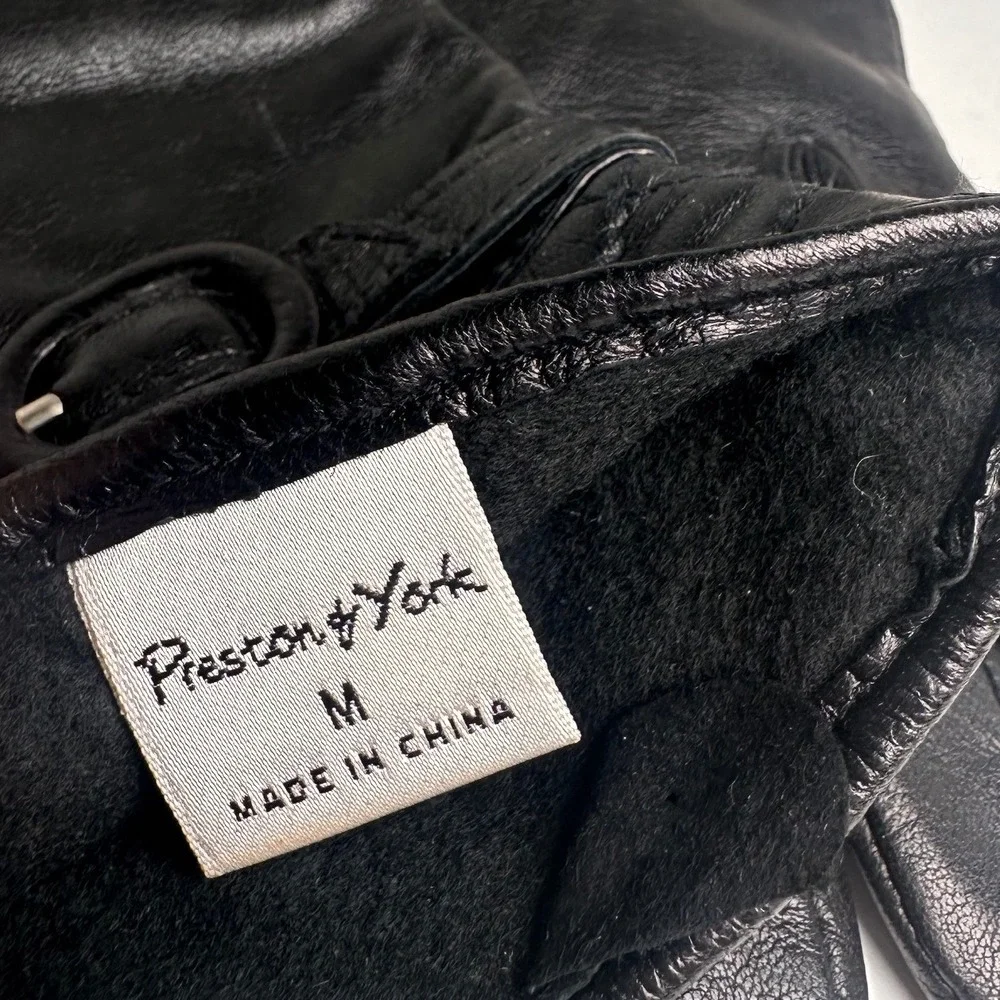 Vintage Preston & York Black Leather Gloves‎ Quilted Fleece Lined M